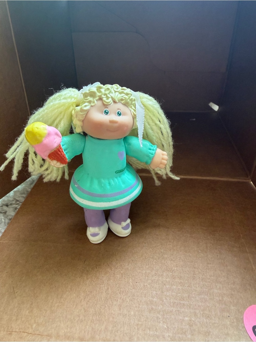 Vintage Cabbage Patch kid Plush Yarn-Hair Doll with Teal Dress and Ice Cream